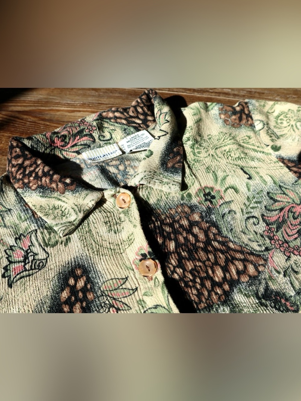 Vintage White Stag Womens M Earthy Floral Pinecone Paisley Shirt Boho 100% Rayon - Picture 8 of 15